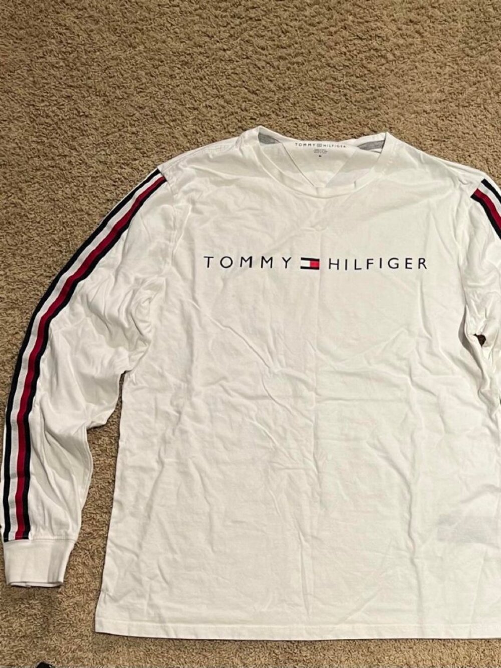 White Tommy Hilfiger long sleeve shirt with red, white, and black stripes